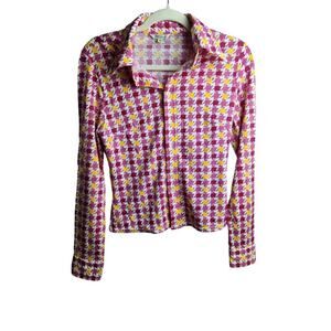 Guess Button Down bright Geometric womens shirt sz m Retro, Disco, Y2K see desc